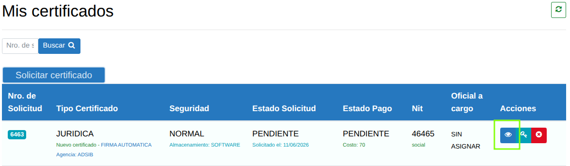 Estado de trámite en espera de pago