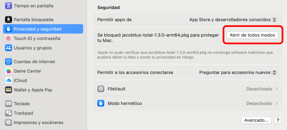 Confirmación final de apertura de software seguro