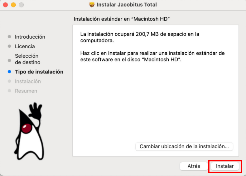 Confirmación de tipo e inicio de instalación