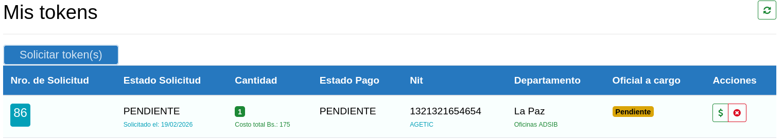 Pantalla final de solicitud asentada